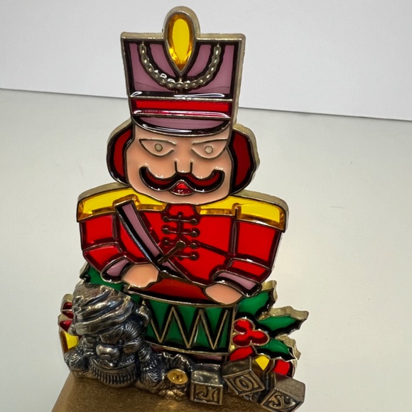 Vintage Stained Glass Christmas Stocking Hook Hanger Nutcracker Drummer Heavy - Picture 8 of 8